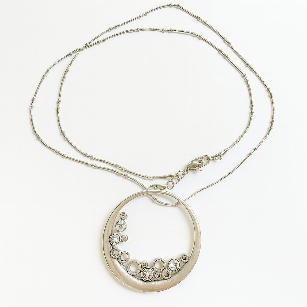 Macy's Sliver Tone Textured Necklace & AB Crystal Pendant - Picture 2 of 6